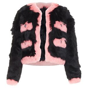 rare CHANEL 21K black pink shearling fur CC crystal button 4 pocket jacket FR36